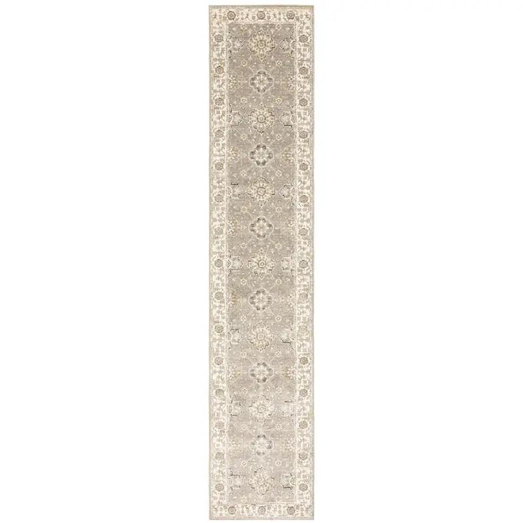 12' Gray And Ivory Oriental Runner Rug