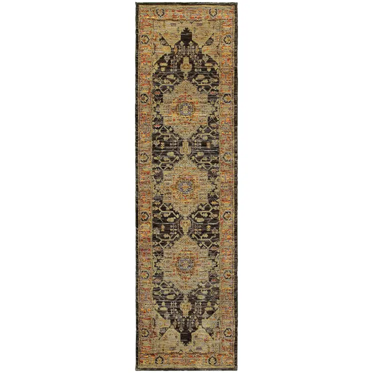 8' Black And Gold Oriental Runner Rug