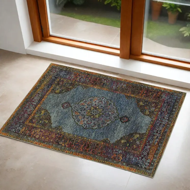 2' X 3' Blue And Beige Oriental Area Rug
