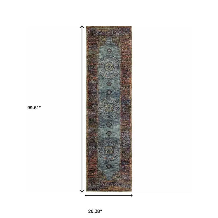 8' Blue And Beige Oriental Runner Rug