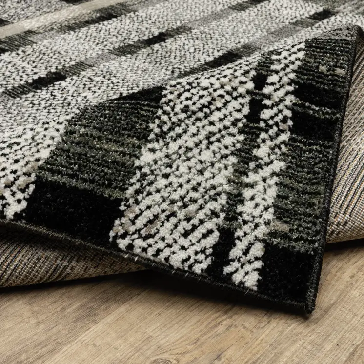 12' Black Gray And Ivory Geometric Runner Rug
