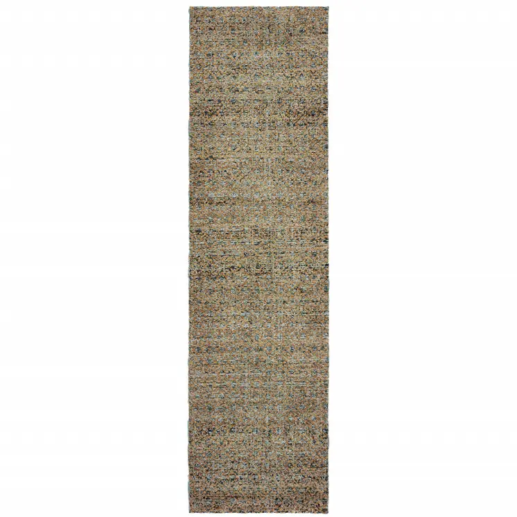 12' Blue And Gold Geometric Distressed Runner Rug