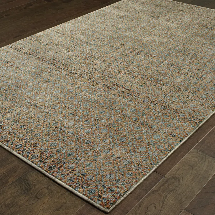 8' X 11' Blue And Gold Geometric Distressed Area Rug