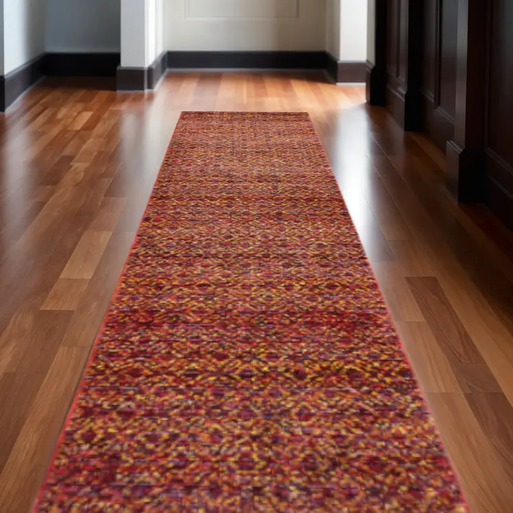 12' Red Gold And Blue Geometric Runner Rug