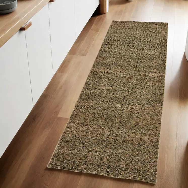 8' Green And Gold Geometric Distressed Runner Rug