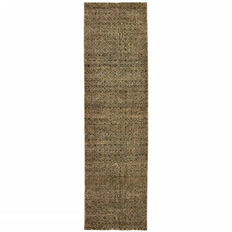 12' Green And Gold Geometric Distressed Runner Rug