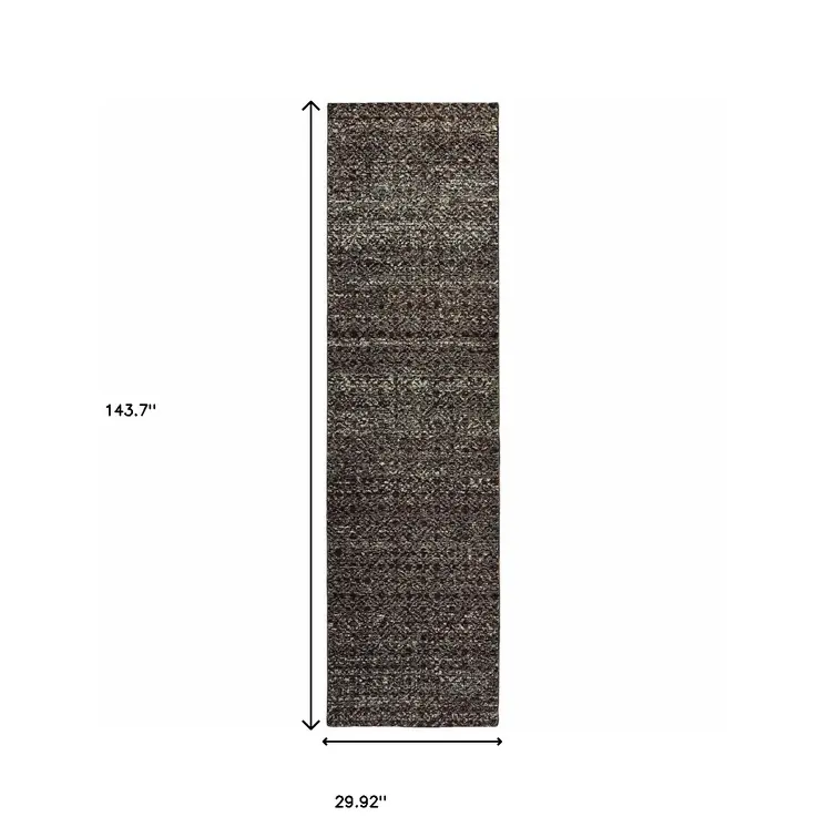 12' Charcoal Gray And Brown Geometric Runner Rug