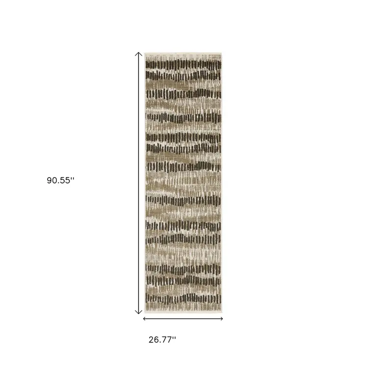2' X 8' Beige Ivory Charcoal Brown Tan And Grey Abstract Power Loom Stain Resistant Runner Rug With Fringe