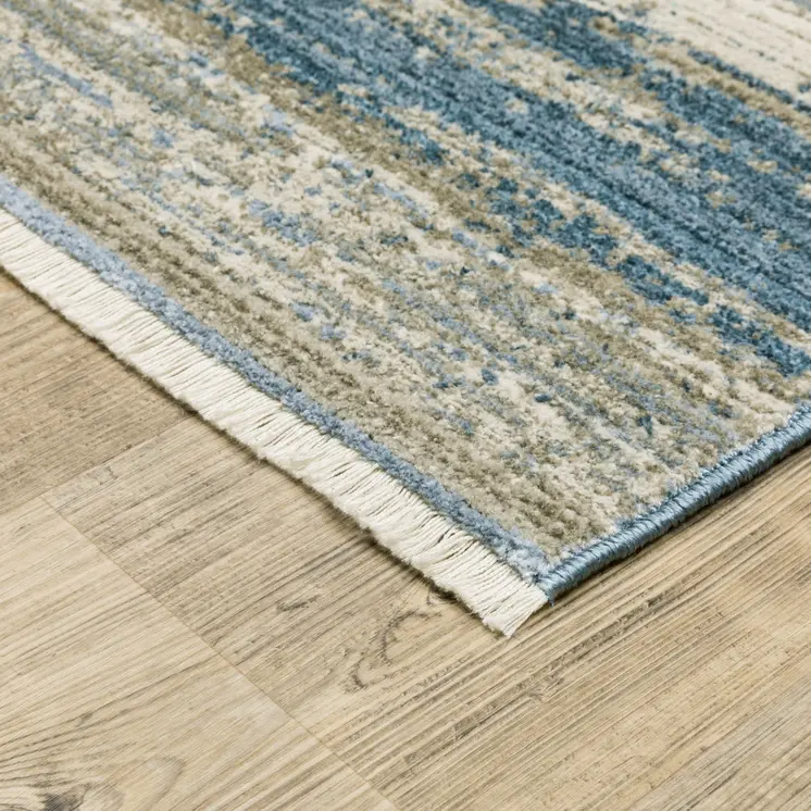 8' Blue And Beige Abstract Distressed Runner Rug With Fringe