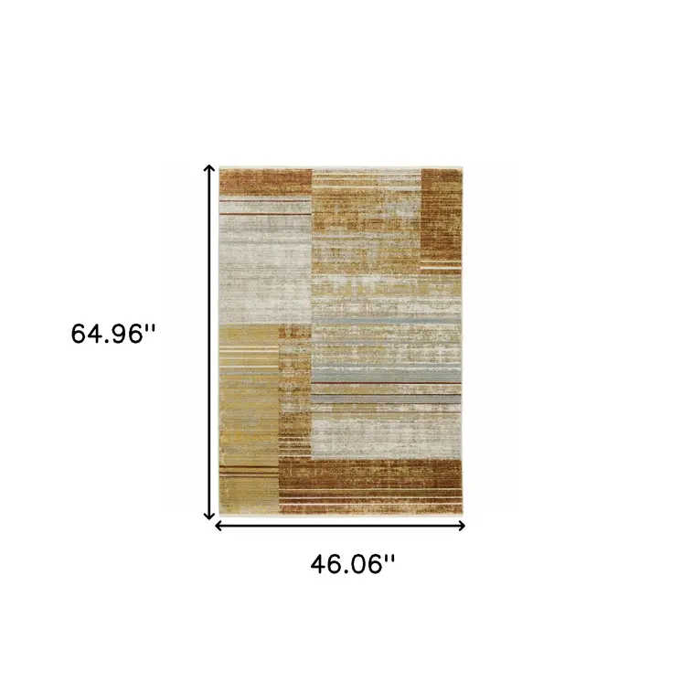 4' X 6' Rust Gold Blue Grey Ivory And Tan Geometric Power Loom Stain Resistant Area Rug With Fringe