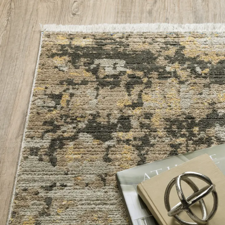 7' X 10' Gray and Black Abstract Power Loom Area Rug With Fringe