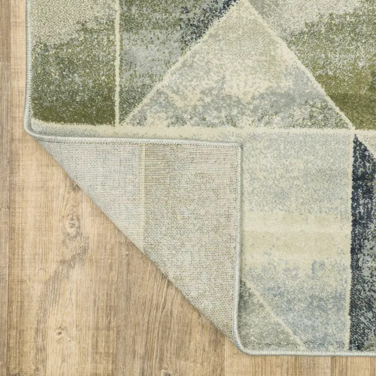 2' X 8' Blue Green Grey Gold And Ivory Geometric Power Loom Stain Resistant Runner Rug