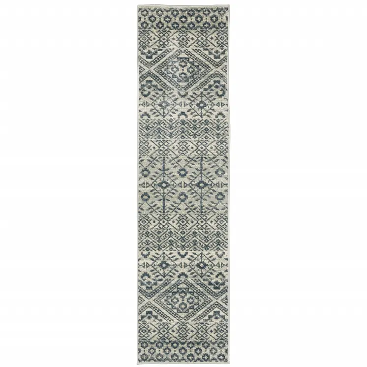 2' X 8' Blue And Beige Geometric Power Loom Stain Resistant Runner Rug