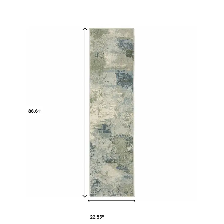 2' X 8' Blue Green Grey And Ivory Abstract Power Loom Stain Resistant Runner Rug