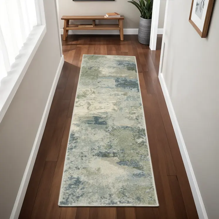 2' X 8' Blue Green Grey And Ivory Abstract Power Loom Stain Resistant Runner Rug