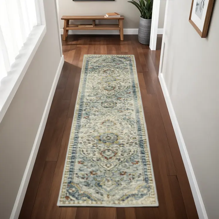 2' X 8' Blue Beige Rust Gold And Teal Oriental Power Loom Stain Resistant Runner Rug