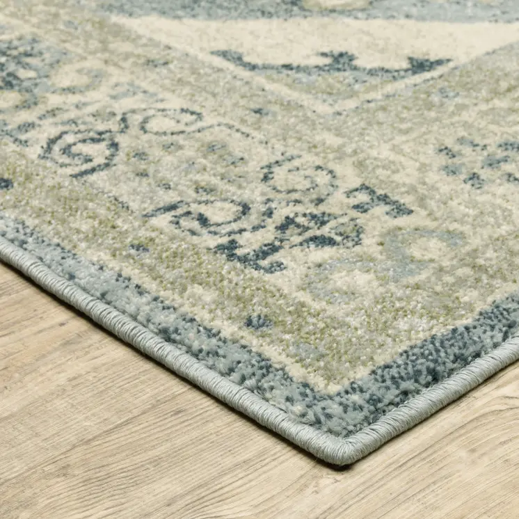 7' Blue And Beige Oriental Distressed Runner Rug
