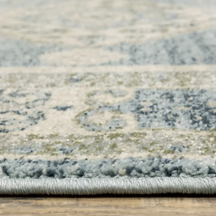 7' Blue And Beige Oriental Distressed Runner Rug