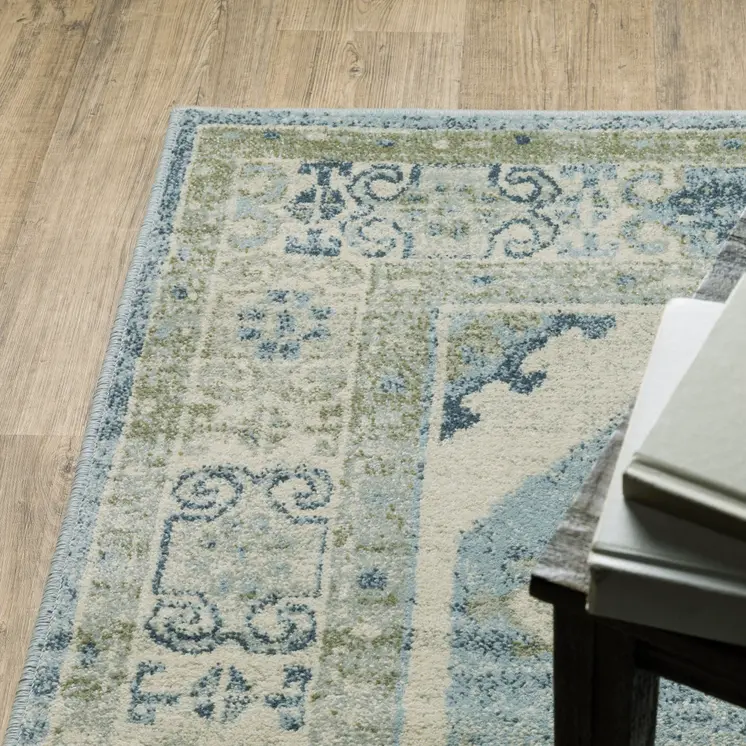 7' Blue And Beige Oriental Distressed Runner Rug