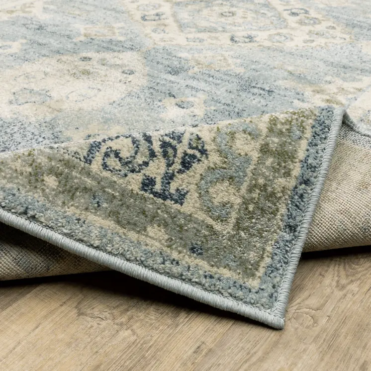 7' Blue And Beige Oriental Distressed Runner Rug