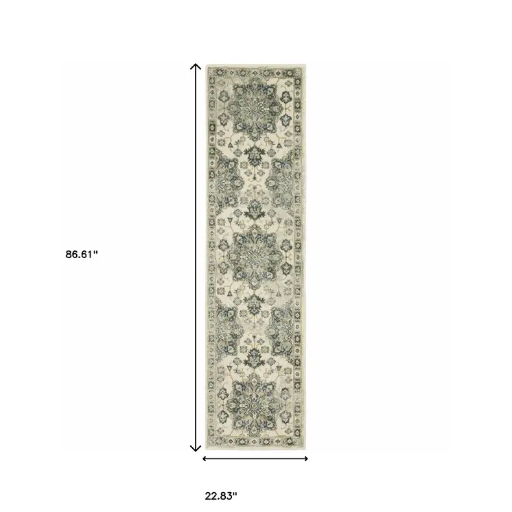 2' X 8' Ivory Blue Teal Grey And Olive Green Oriental Power Loom Stain Resistant Runner Rug