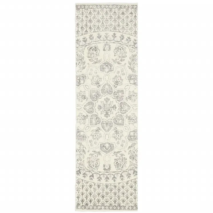 2' X 8' Ivory And Grey Floral Power Loom Stain Resistant Runner Rug