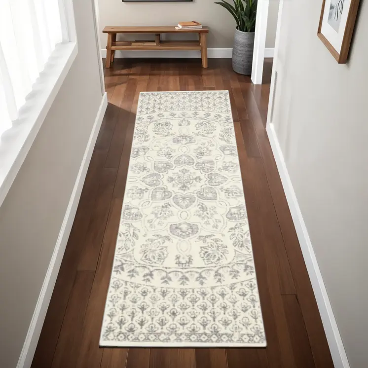 2' X 8' Ivory And Grey Floral Power Loom Stain Resistant Runner Rug
