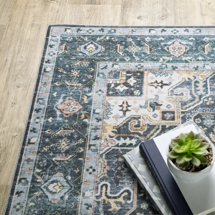 4' X 6' Blue Ivory Teal Brown And Gold Oriental Printed Stain Resistant Non Skid Area Rug