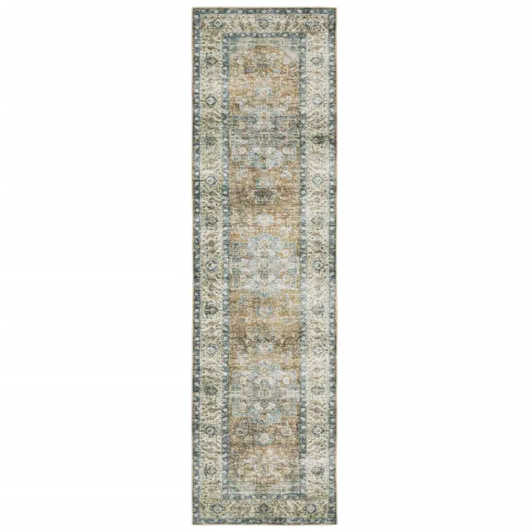2' X 8' Blue Gold Brown Green And Salmon Oriental Printed Stain Resistant Non Skid Runner Rug