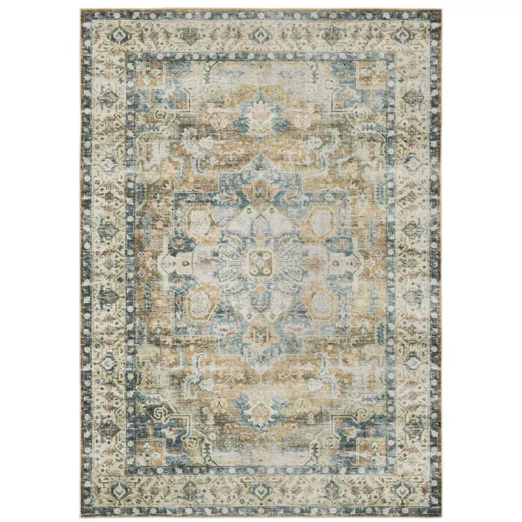 5' X 7' Blue Gold Brown Green And Salmon Oriental Printed Stain Resistant Non Skid Area Rug