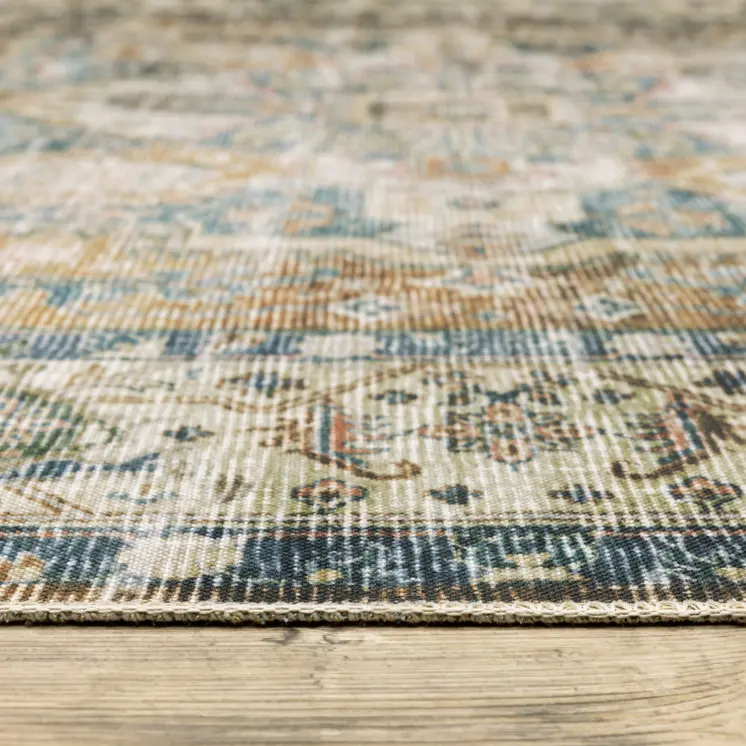 5' X 7' Blue Gold Brown Green And Salmon Oriental Printed Stain Resistant Non Skid Area Rug