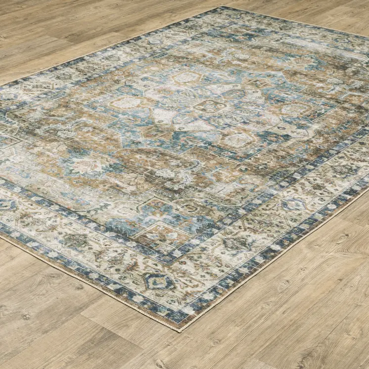 7' X 10' Blue and Gold Oriental Non Skid Area Rug