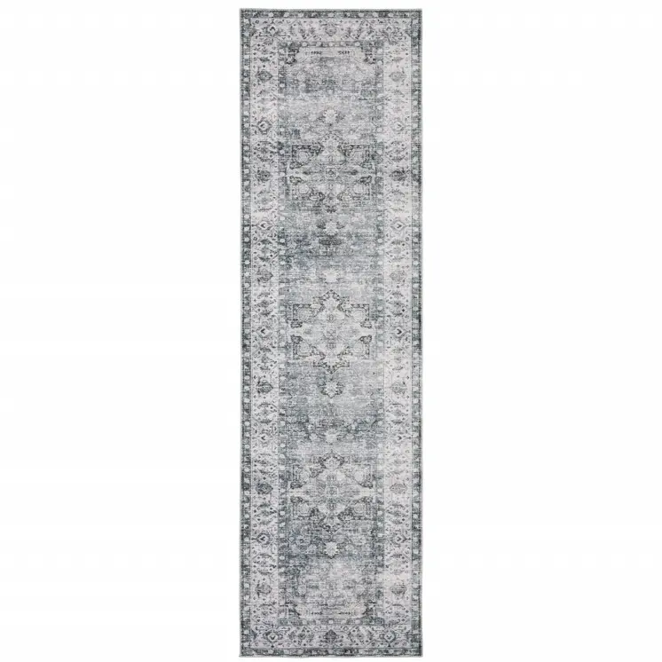 8' Gray And Ivory Oriental Printed Non Skid Runner Rug
