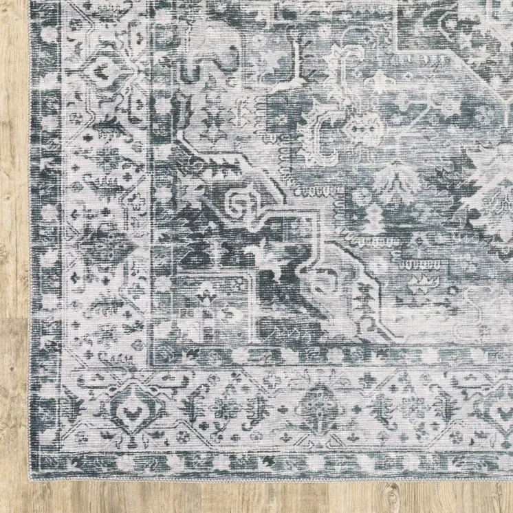 4' X 6' Navy Blue Ivory And Grey Oriental Printed Stain Resistant Non Skid Area Rug