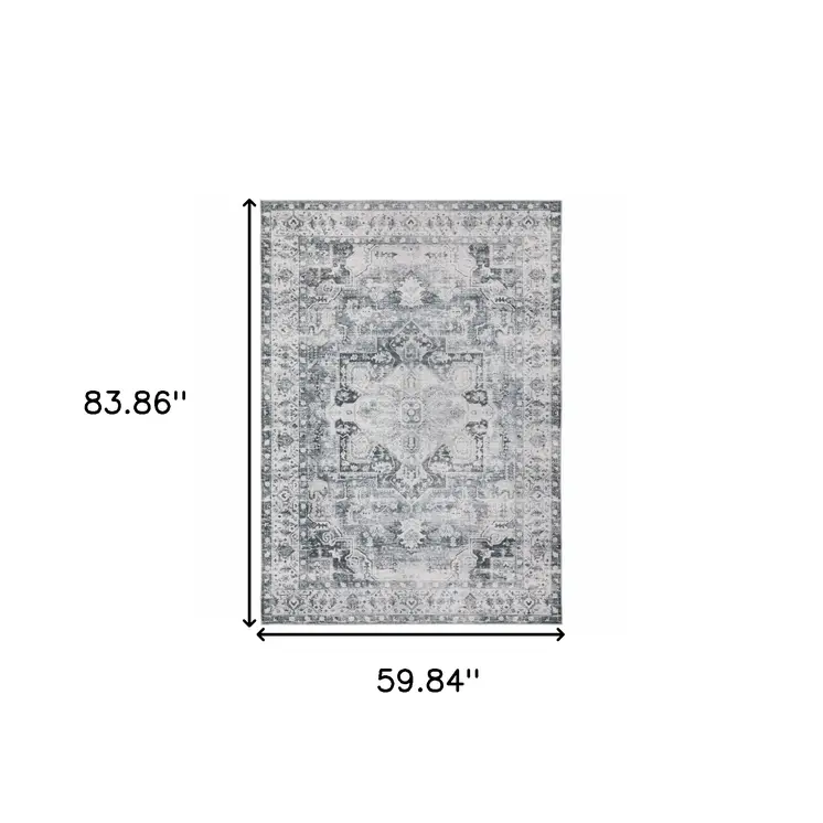 5' X 7' Navy Blue Ivory And Grey Oriental Printed Stain Resistant Non Skid Area Rug