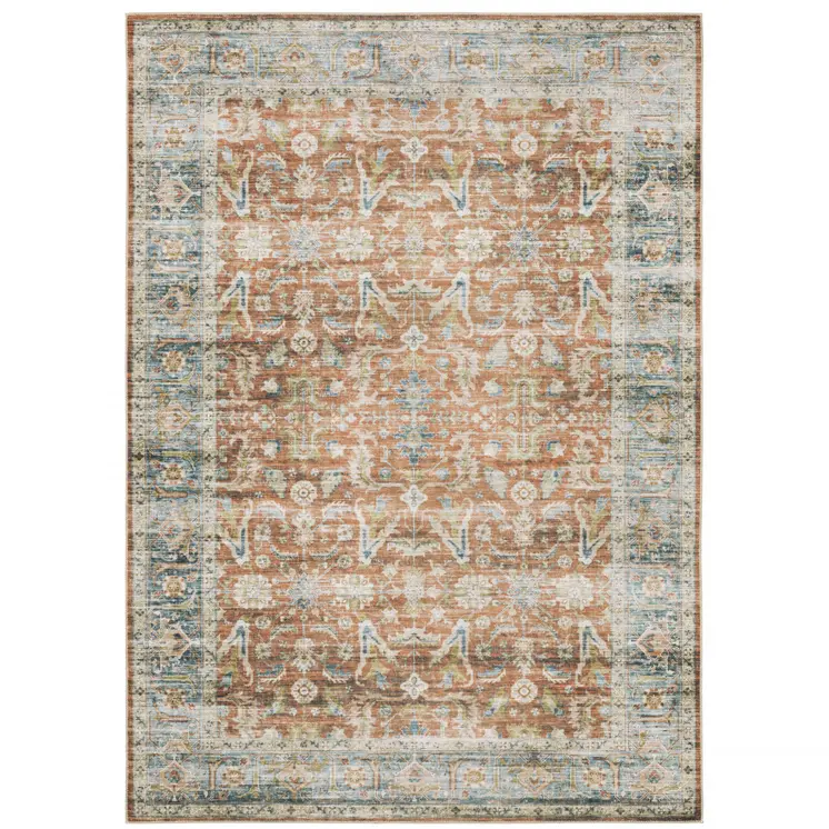 2' X 3' Rust Blue Ivory And Gold Oriental Printed Stain Resistant Non Skid Area Rug