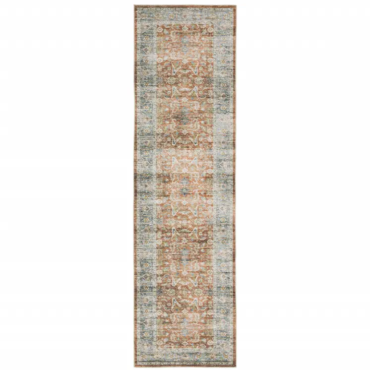 8' Rust And Blue Oriental Distressed Runner Rug