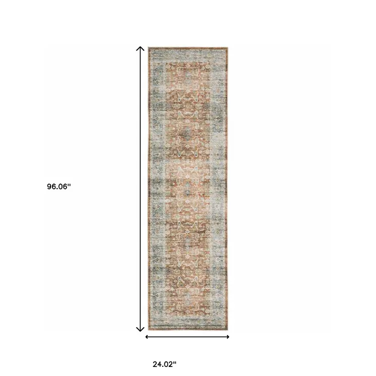 8' Rust And Blue Oriental Distressed Runner Rug