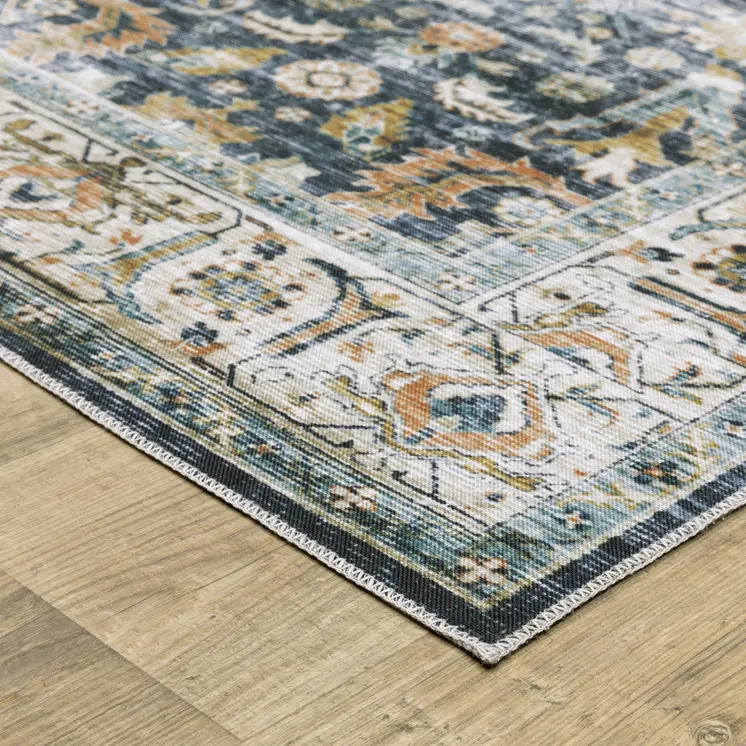 5' X 7' Blue Gold Rust Ivory And Olive Oriental Printed Stain Resistant Non Skid Area Rug