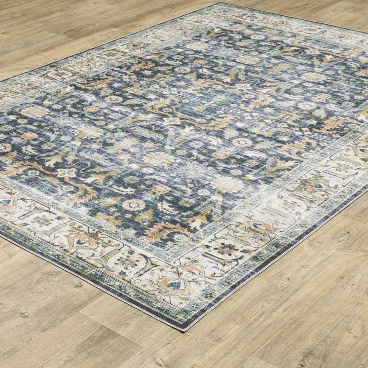 7' X 10' Blue and Ivory Oriental Non Skid Area Rug