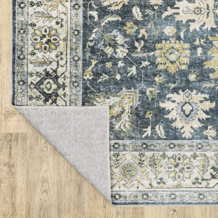 2' X 3' Blue And Gold Oriental Distressed Area Rug