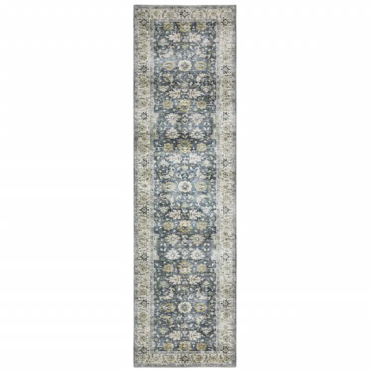 8' Blue And Ivory Oriental Printed Non Skid Runner Rug