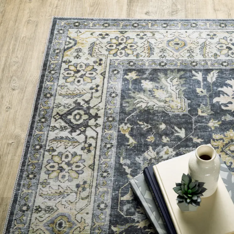 7' X 10' Blue and Ivory Oriental Non Skid Area Rug