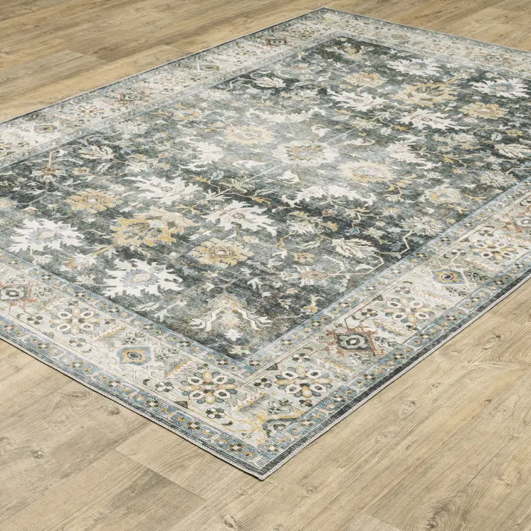 2' X 3' Grey Charcoal Gold Brown Ivory Pale Sage And Light Blue Oriental Printed Stain Resistant Non Skid Area Rug