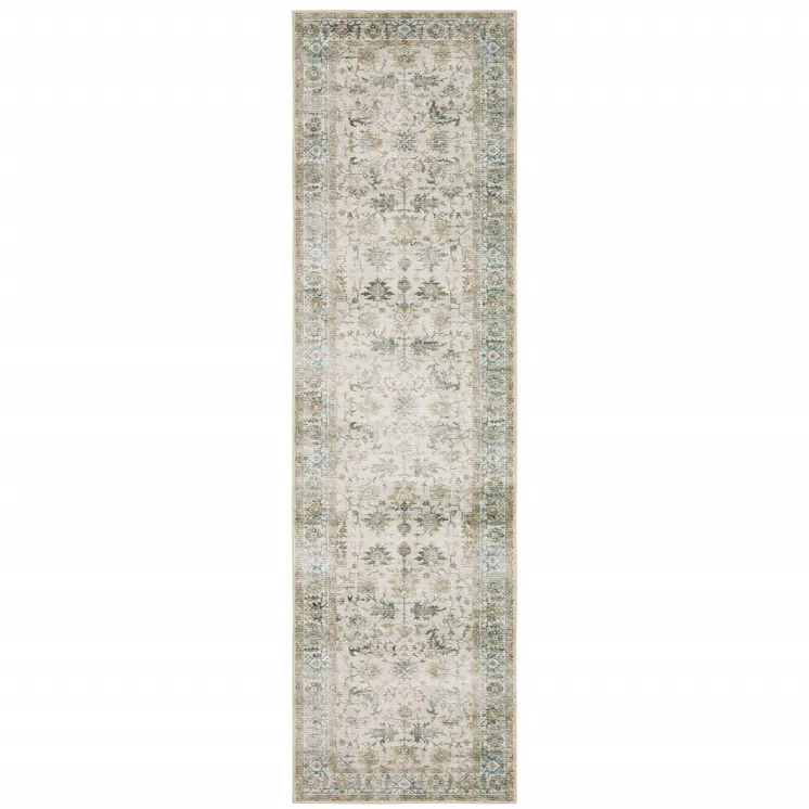 2' X 8' Grey Orange Blue Gold Green And Rust Oriental Printed Stain Resistant Non Skid Runner Rug