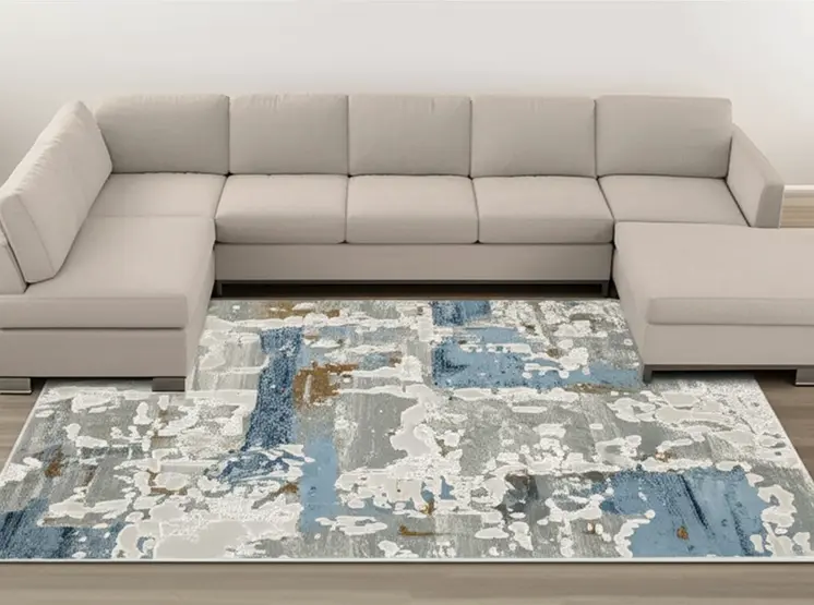 8' X 11' Grey Blue Navy Ivory And Brown Abstract Power Loom Stain Resistant Area Rug