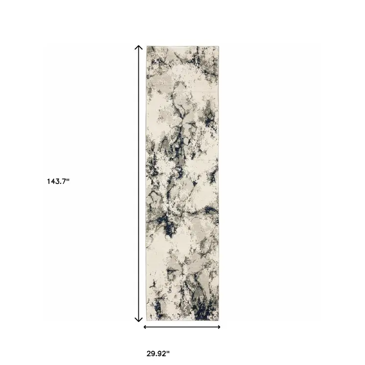 12' Gray Black And Ivory Abstract Runner Rug