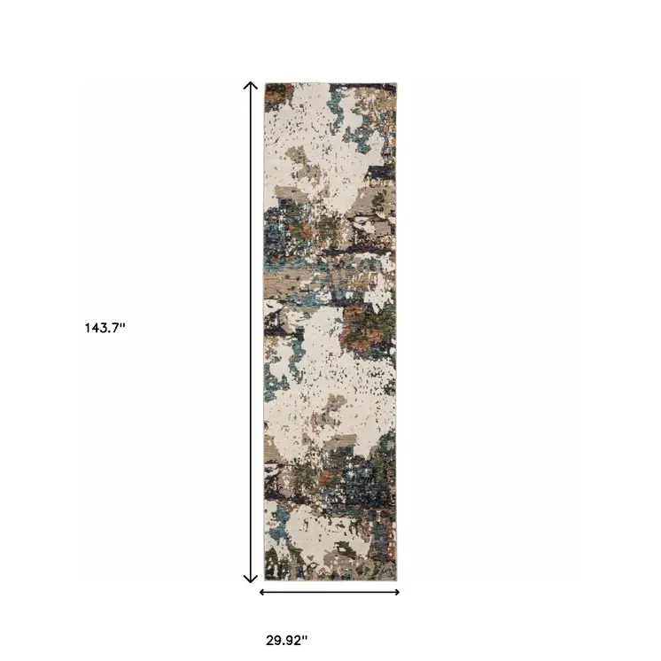 12' Green Gold And Blue Abstract Runner Rug