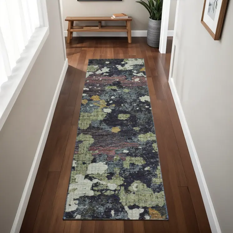 8' Blue And Green Abstract Runner Rug