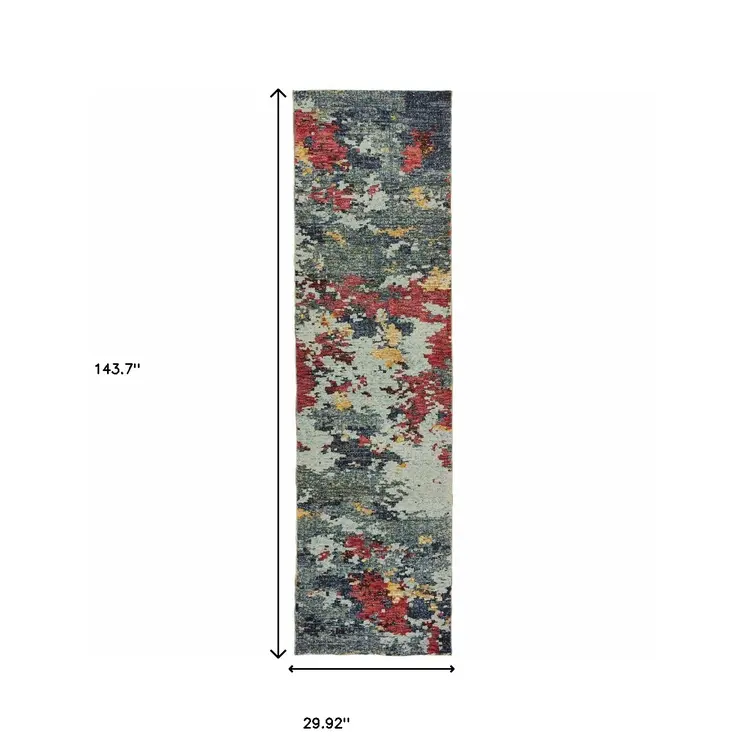 12' Blue And Red Abstract Runner Rug